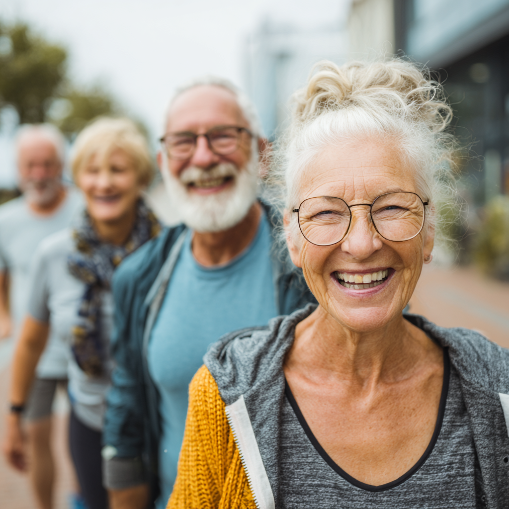 Smiling elderly European couple practicing gentle yoga together in a bright, peaceful studio setting