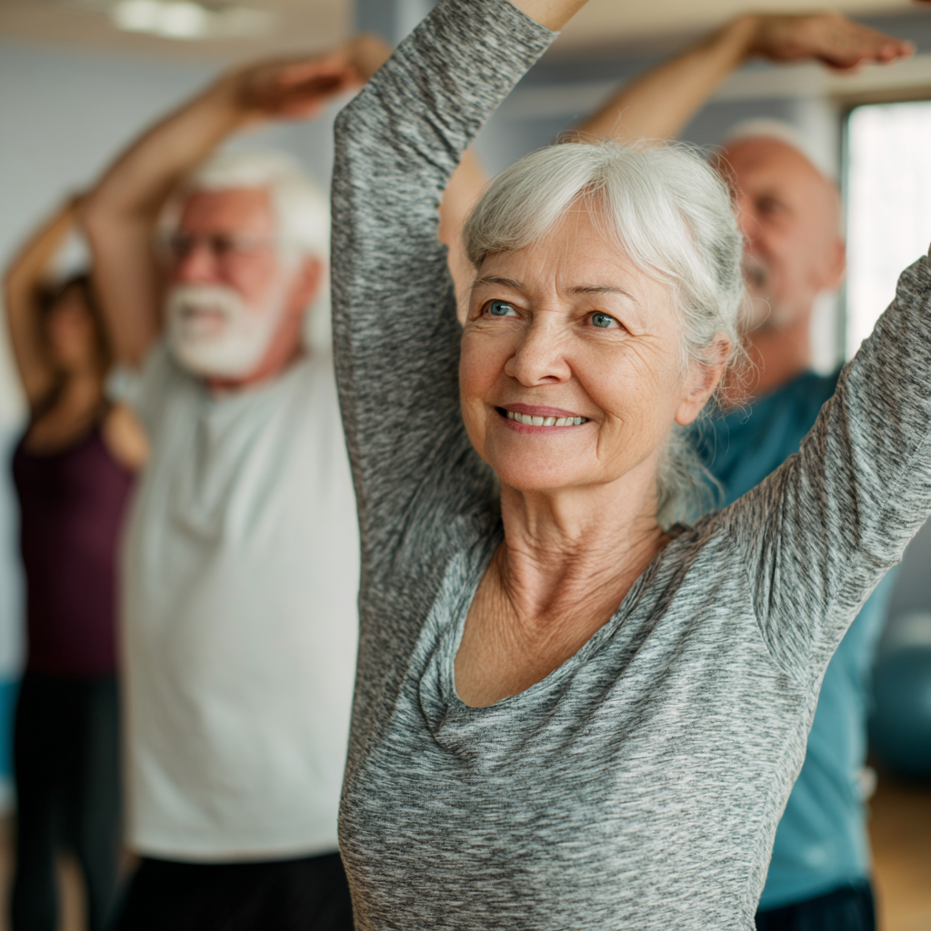 Happy senior European woman stretching outdoors in a park, demonstrating safe fitness principles with a peaceful expression