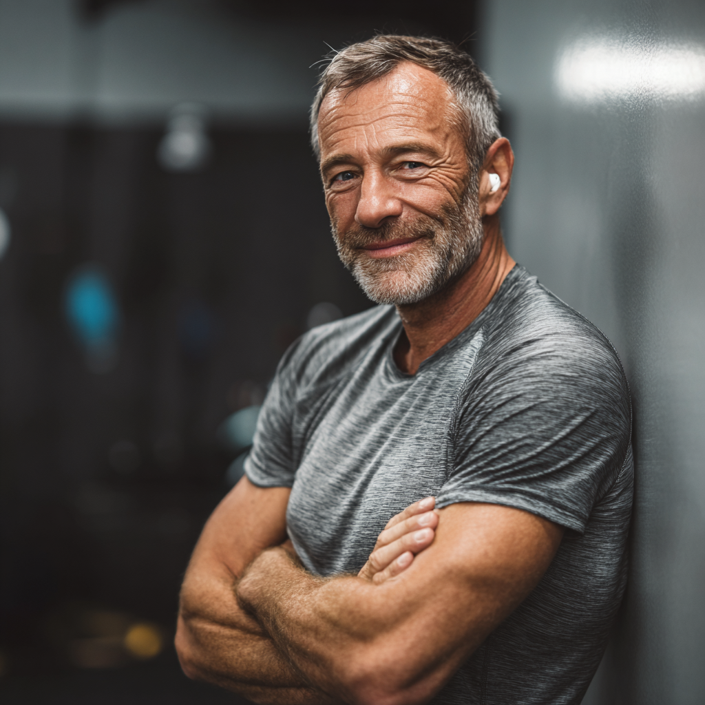 Content elderly European man demonstrating proper posture and spine alignment during a gentle stretching exercise