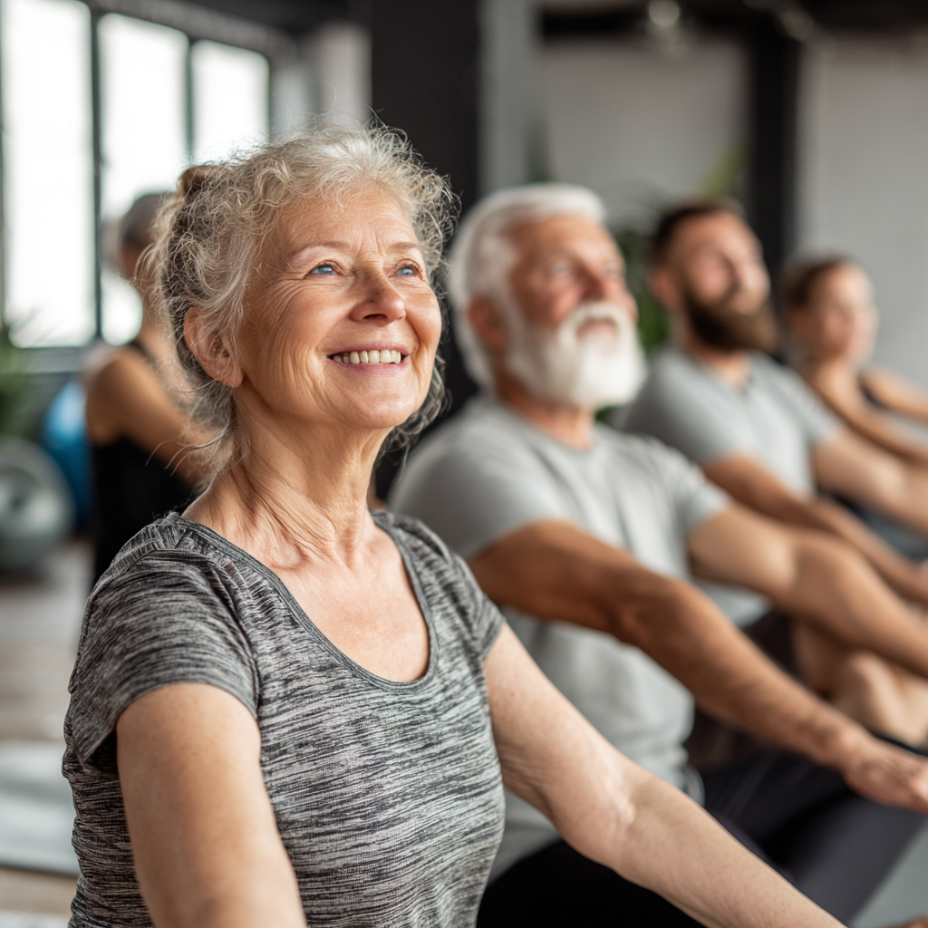 Joyful group of elderly European people practicing balance exercises together in a bright fitness studio, showing community and wellness